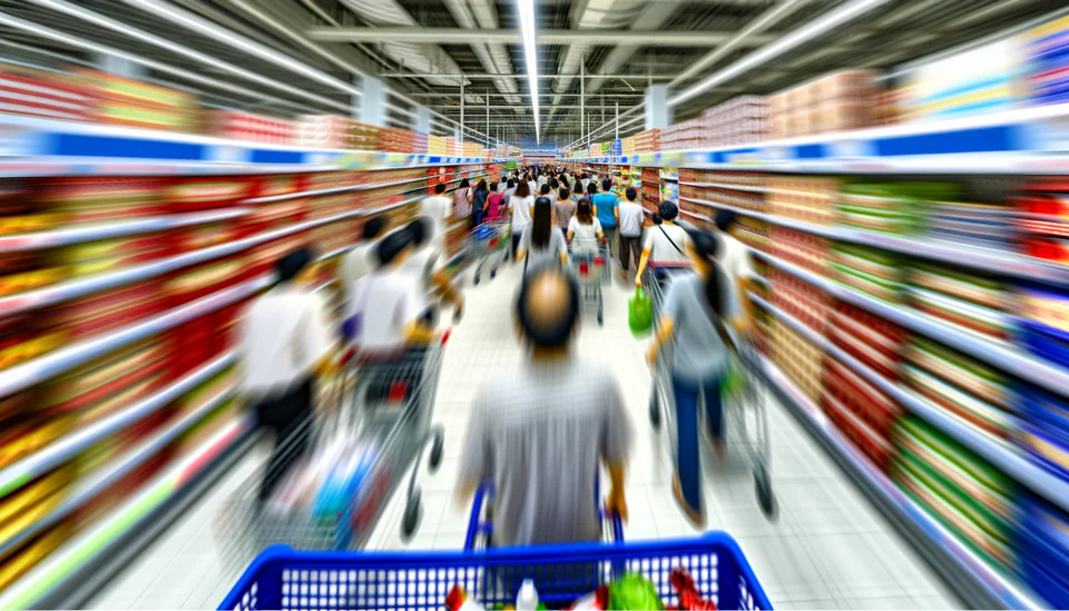 Crowded supermarket aisle with shoppers pushing carts
